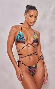 PrettyLittleThing Зеленый бикини-топ с треугольными чашечками и уплотнительным кольцом с животным принтом