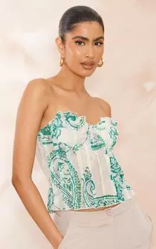 PrettyLittleThing Зеленый длинный топ-бандо со складками из шифона и узором "пейсли"