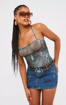 PrettyLittleThing Зеленый джинсовый сетчатый длинный топ со складками и вырезами спереди