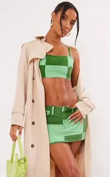 PrettyLittleThing Зеленый джинсовый топ-бандо в клетку с принтом