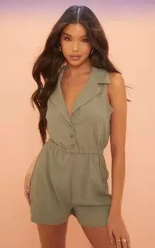 PrettyLittleThing Зеленый комбинезон с текстурированным воротником и пуговицами спереди