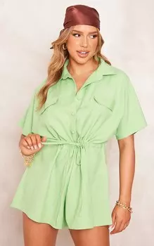 PrettyLittleThing Зеленый льняной комбинезон-рубашка с завязкой на талии