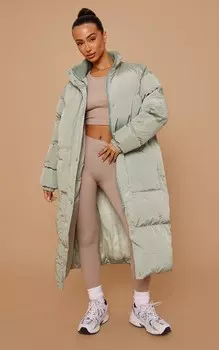 PrettyLittleThing Зеленый макси-пуховик Petite Sage Green