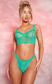 PrettyLittleThing Зеленый сетчатый комплект нижнего белья с оборками, кружевной комплект нижнего белья на косточках, удлиненный бюстгальтер и стринги