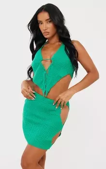 PrettyLittleThing Зеленый текстурированный вязаный топ с глубоким вырезом и бретелькой на шее