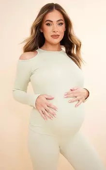 PrettyLittleThing Зеленый топ в рубчик с длинными рукавами и вырезами для беременных