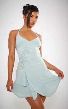PrettyLittleThing Зелёное облегающее платье с глубоким вырезом и бретелями Sage