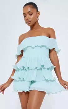 PrettyLittleThing Зелёный шалфейный комбинезон-бандо со плиссированной оборкой и оборками