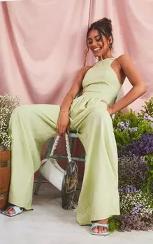 PrettyLittleThing Зелёный шалфейный льняной комбинезон с широкими штанинами и воротником-борцовкой