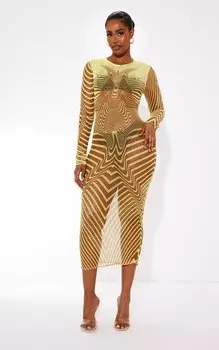 PrettyLittleThing Желтое платье мидакси из прозрачной сетки с абстрактным принтом и длинными рукавами