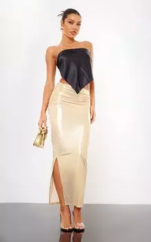 PrettyLittleThing Золотая длинная юбка из перекрученной ткани с блестками спереди