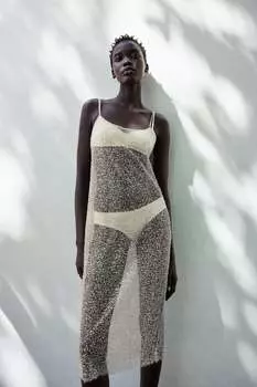 Приглашенное платье с пайетками и бисерами ZARA, экру