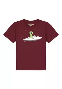 Принт на футболке Alien On A Paper Plane watapparel, бордовый