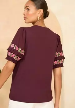 Принт на футболке EMBROIDERED SHORT PUFF SLEEVE REGULAR FIT Love & Roses, красный