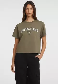 Принт на футболке SS CN BOXY TEE Guess Jeans, оливковый