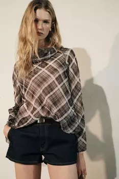 Принтированный драпированный топ ZARA, коричневый