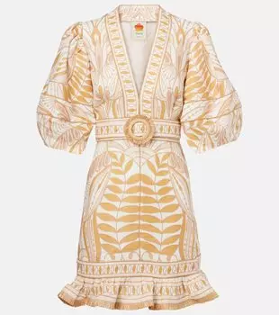 Принтованное льняное мини-платье с поясом Farm Rio, Lace Nature Off-White