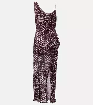 Принтованный драпированный миди-платье с одним плечом Dries Van Noten, бордовый