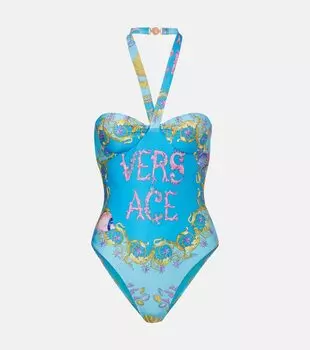 Принтованный купальник на запах Versace, Azur+Multicolor