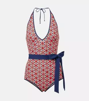 Принтованный купальник с поясом Valentino, Blu/Crema/Rosso