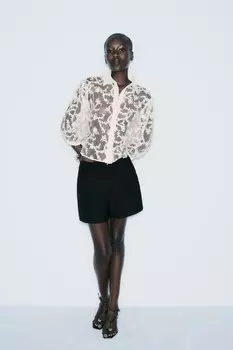Приподнятый цветочный топ ZARA, кремовый