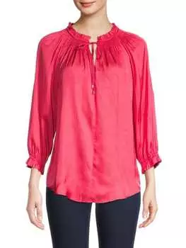 Присборенная блуза-крестьянка с завязками на воротнике Elie Tahari Pink