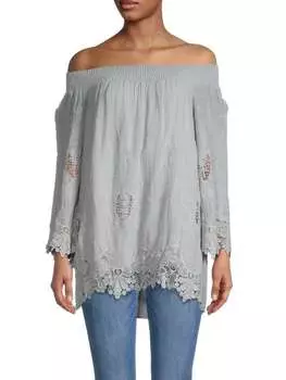 Присборенная туника с вышивкой и вставкой с открытыми плечами Saks Fifth Avenue Silver