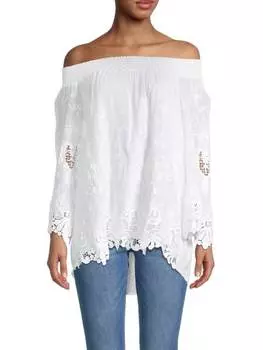 Присборенная туника с вышивкой и вставкой с открытыми плечами Saks Fifth Avenue White