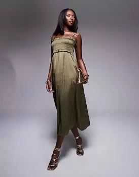 Присборенное платье миди цвета темного хаки River Island