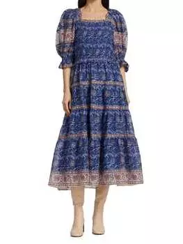 Присборенное платье миди с пышными рукавами rosita Sea Blue