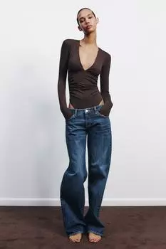 Присборенное полиамидное боди ZARA, темно-коричневый