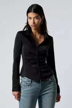 Приталенная атласная рубашка с длинными рукавами. Weekday, черный