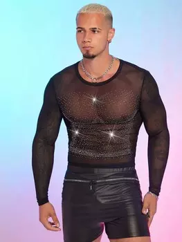 Приталенная футболка с длинными рукавами Fever City Украшен блестящими бриллиантами и мужской сеткой Fevercity, черный