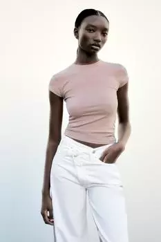 Приталенная футболка с коротким рукавом ZARA, цвет Beige-pink