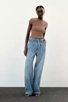 Приталенная футболка с коротким рукавом ZARA, коричневый