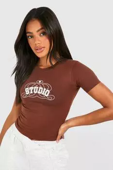 Приталенная футболка с короткими рукавами и надписью boohoo, коричневый