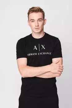 Приталенная хлопковая футболка с логотипом Armani Exchange, черный