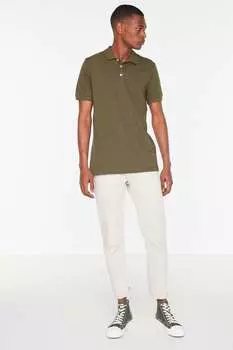 Приталенная хлопковая футболка с воротником Trendyol, хаки