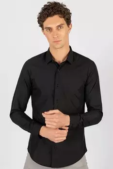 Приталенная хлопковая мужская черная рубашка, которую легко гладить TUDORS