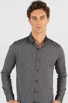 Приталенная хлопковая мужская черная рубашка в полоску, которую легко гладить TUDORS