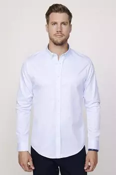 Приталенная хлопковая мужская синяя рубашка с узором, которую легко гладить TUDORS