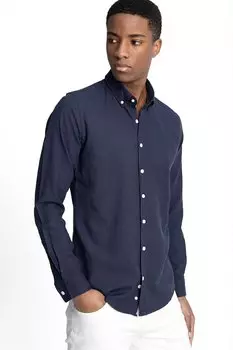 Приталенная льняная мужская рубашка с длинным рукавом и ребристым воротником на пуговицах TUDORS, темно-синий