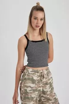 Приталенная майка в рубчик и полоску для спортсменов DeFacto, черный