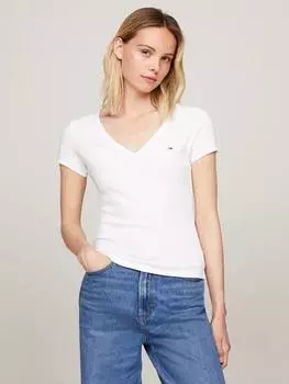Приталенная мини-футболка с логотипом и v-образным вырезом Tommy Hilfiger, белый