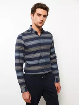 Приталенная мужская рубашка из габардина в полоску с длинными рукавами LCWAIKIKI Classic