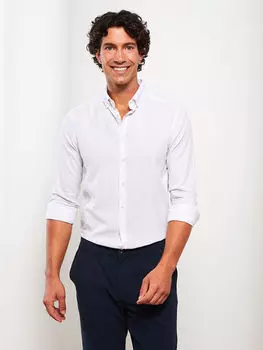 Приталенная мужская рубашка из поплина с длинными рукавами LCWAIKIKI Classic