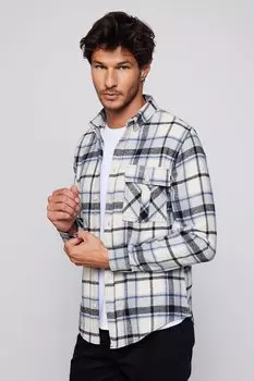 Приталенная мужская рубашка с узким клапаном и одним карманом в клетку, бежево-серая мужская рубашка Lumberjack TUDORS