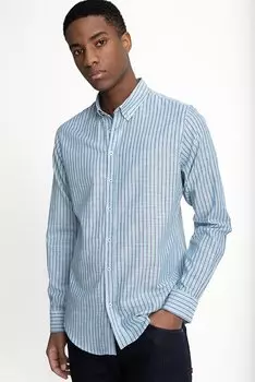 Приталенная мужская спортивная мужская рубашка бирюзового цвета с длинным рукавом и полосатым льняным воротником на пуговицах TUDORS