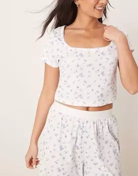 Приталенная пижамная футболка ASOS DESIGN Mix & Match с отделкой пико с синим мелким принтом