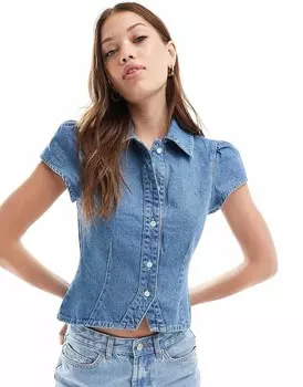 Приталенная рубашка из джинсовой ткани среднего синего цвета ASOS DESIGN
